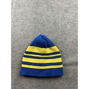Smiley VTG Stocking Cap Beanie Winter Striped Blue/Yellow 100% Pure Wool Hat